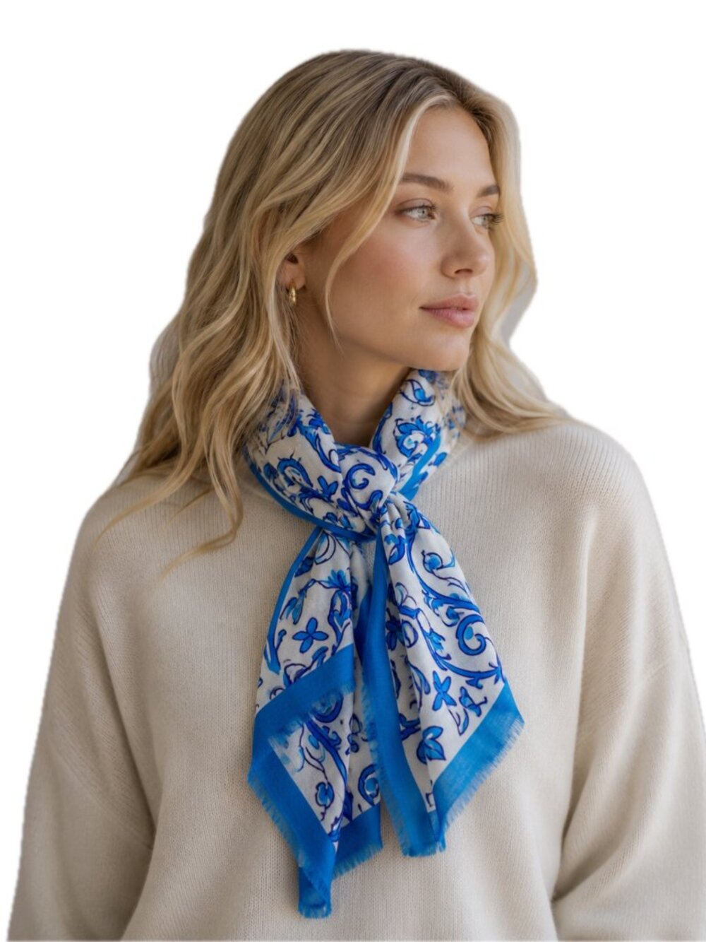 La Seine Women's Wrap Scarf Blue White Floral Geometric Fringe Classic NEW
